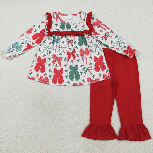 Baby Girls Clothes Christmas Red Green Bows Tunic Ruffle Pants Sets GLP2346 7.19