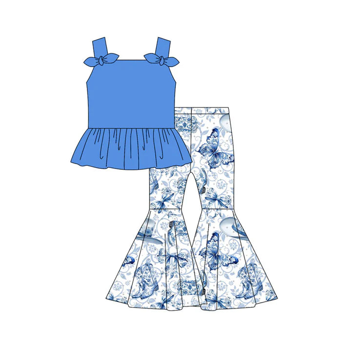 Preorder moq 5 Baby Girls Hot Blue Strap Bows Tunic Floral Butterfly Bell Bottom Pants Set 4.30