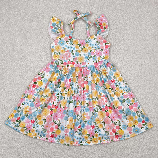 Baby Girls Dress Flutter Sleeves Yellow Floral Backless Bow Knee Length Dresses GSD2207 4.9