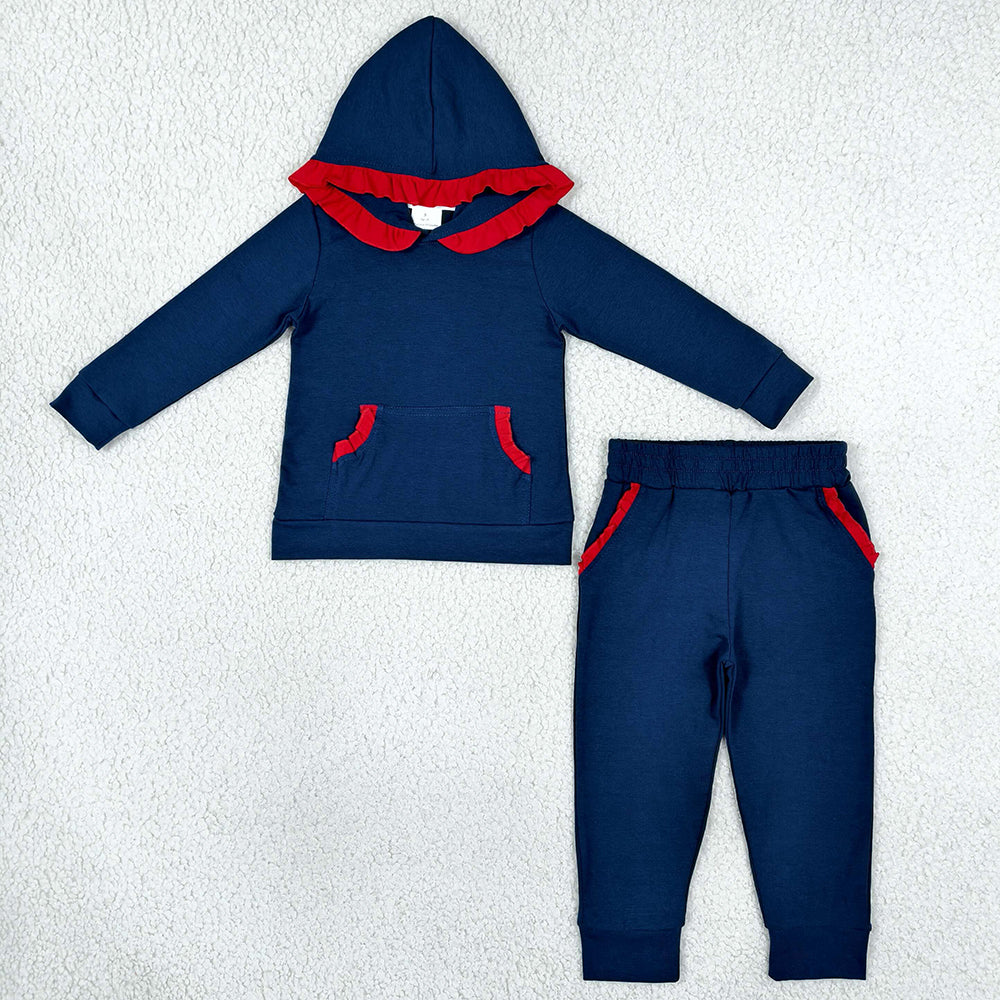 Baby Girls Clothes Red Navy Ruffle Hoodie Pockets Jogger Clothes Sets GLP3564