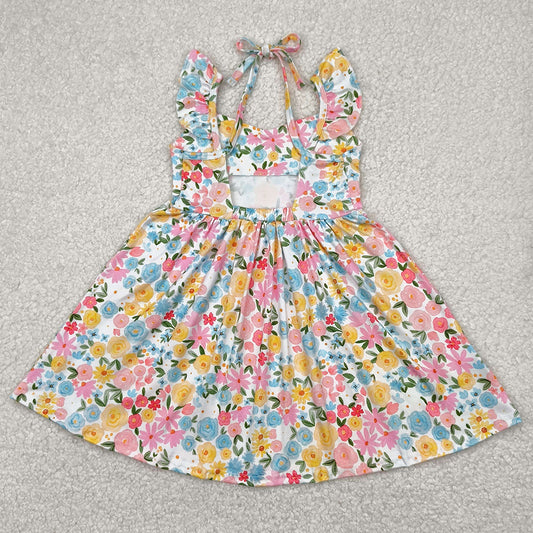 Baby Girls Dress Flutter Sleeves Yellow Floral Backless Bow Knee Length Dresses GSD2207 4.9