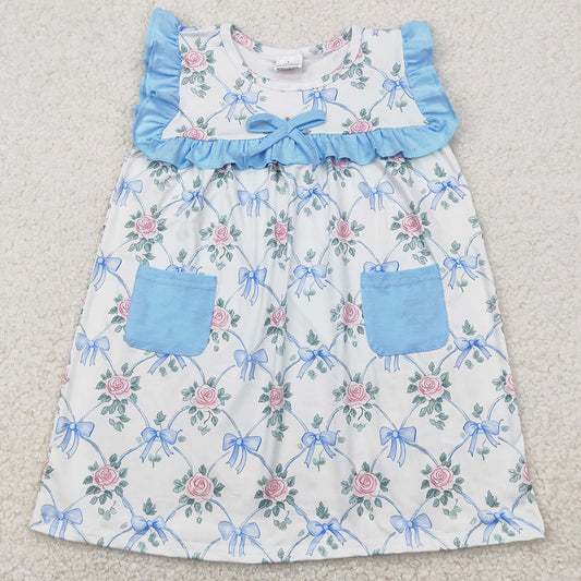 Baby Girls Dress Sleeveless Blue Bows Floral Pockets Knee Length Dresses GSD2230 4.21