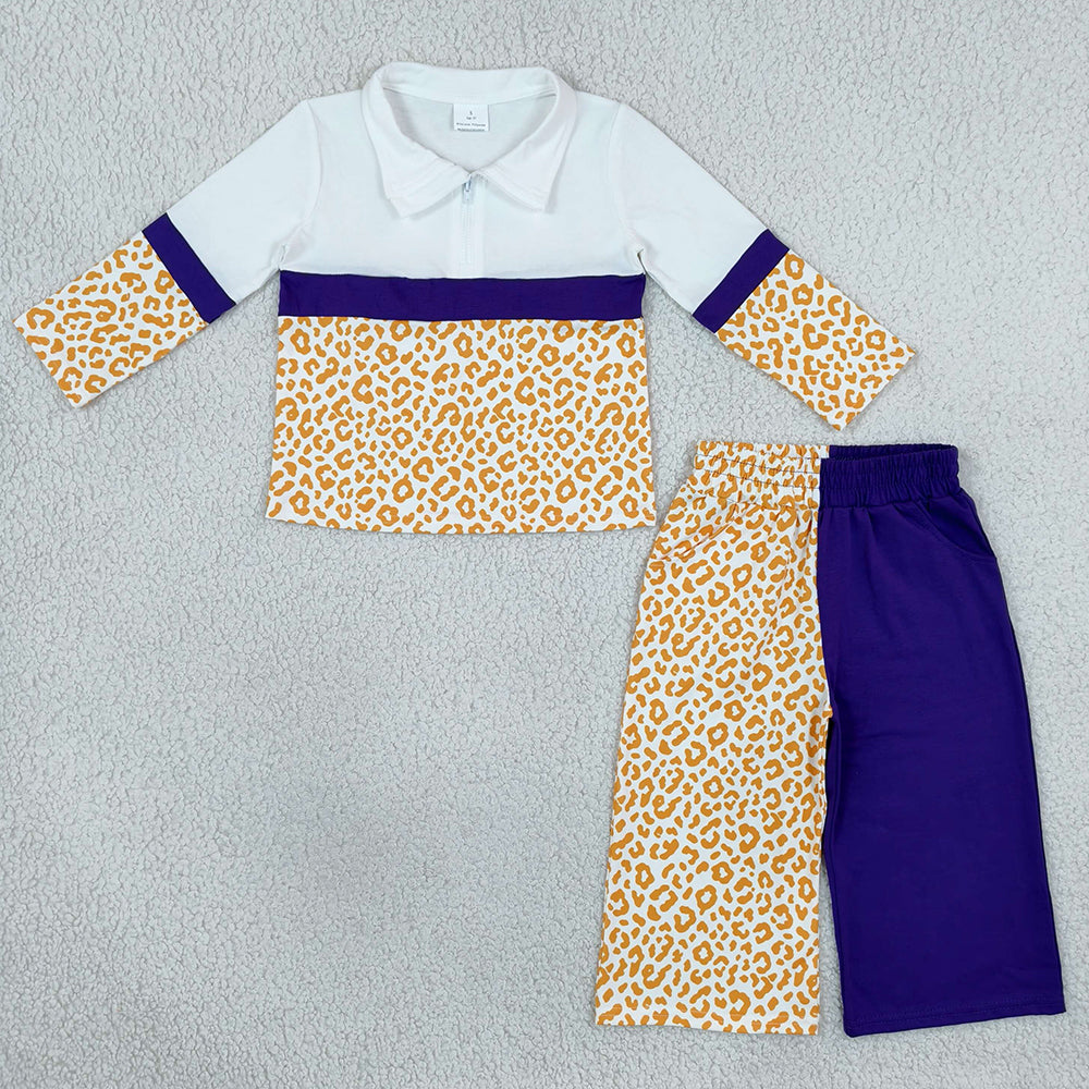 Baby Girls Clothes Yellow Purple Leopard Zip Pullover Flare Pants Clothes Sets GLP3580