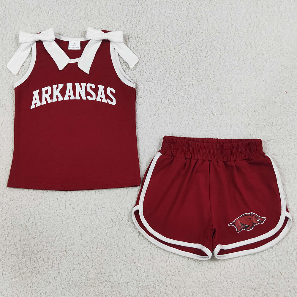 Baby Girls Clothes Red White Bows Vinyl Arkansas Top Short Team Clothes Sets GSSO3833