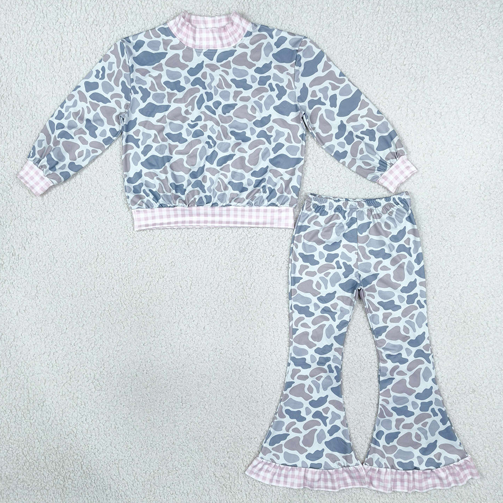 Baby Girls Pink Light Grey Camo Choker Top Ruffle Flare Pant Clothes Set GLP3737
