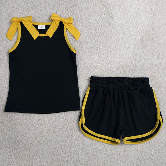 Baby Girls Clothes Yellow Bows Black Sleeveless Top Short Clothes Sets GSSO3823