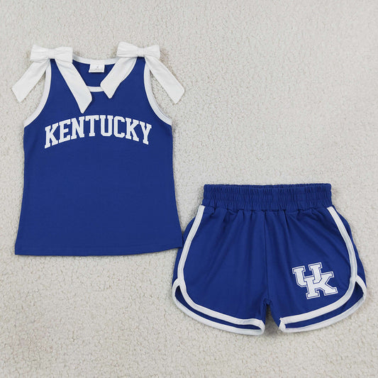Baby Girls Clothes White Bows Blue Vinyl Kentucky Top Short Team Clothes Sets GSSO3830
