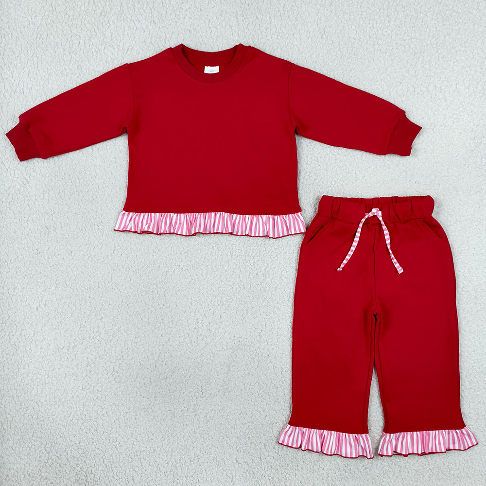 Baby Girls Red Stripe Long Sleeve Top Pockets Ruffle Pants Sweater Clothes Set GLP3648