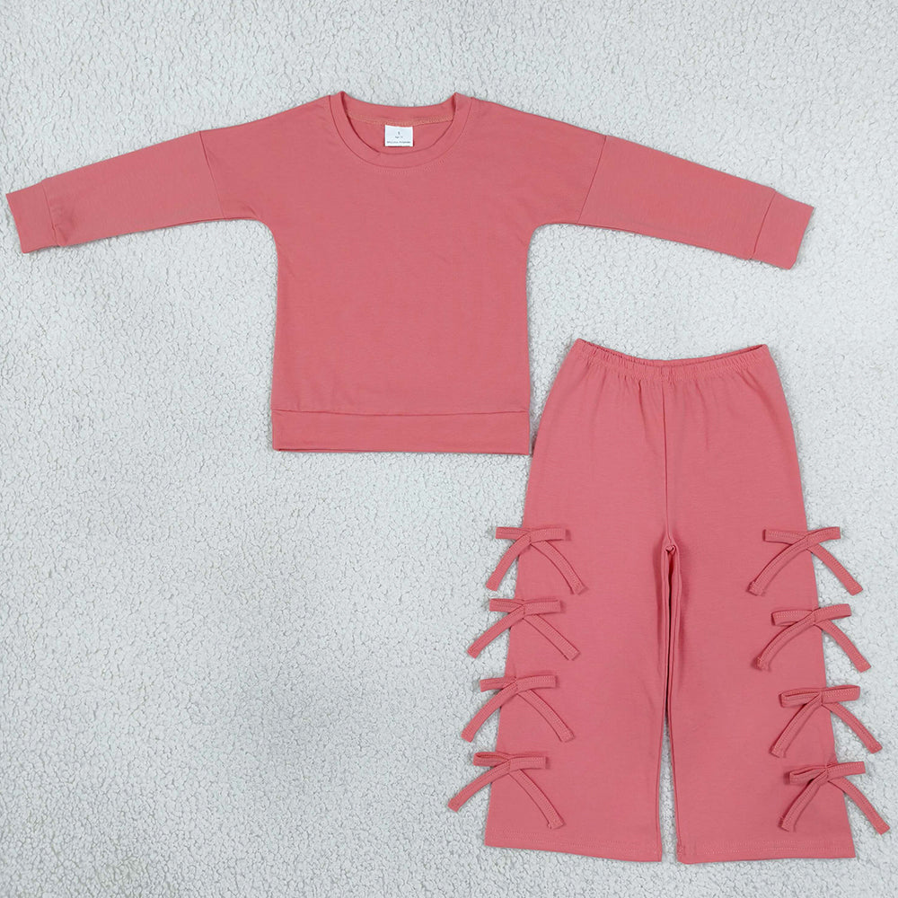 Baby Girls Clothes Peach Long Sleeve Top Bows Flare Pant Clothes Sets GLP3845