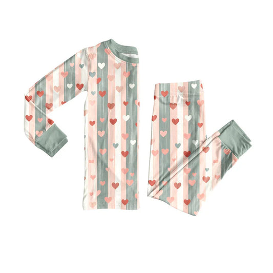 Preorder(moq 5) Baby Girls Pink Aqua Stripes Hearts Top Pant Valentine Pajamas Sets 10.24