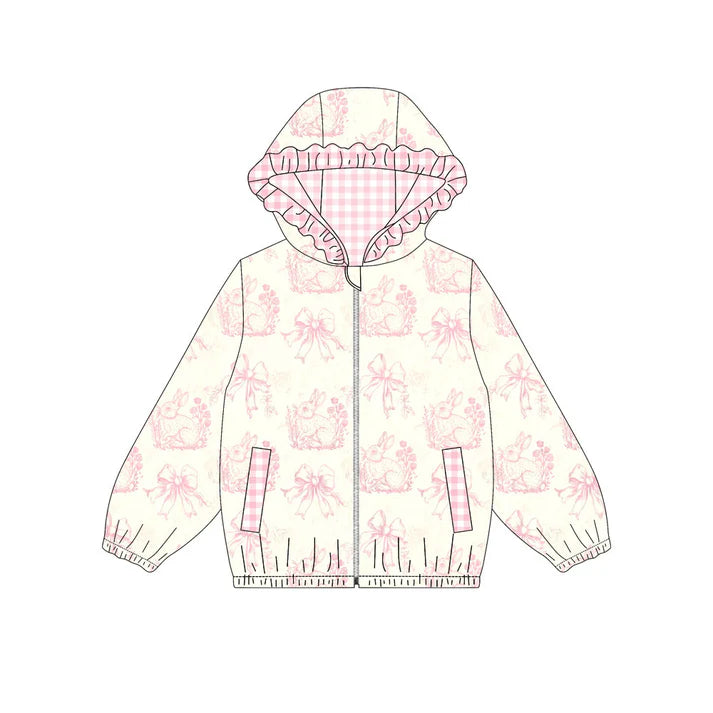 Preorder (moq 8)Baby Girls Pink Flowers Rabbits Pockets Zipper Easter Ruffle Hoodies Jackets Top 9.19