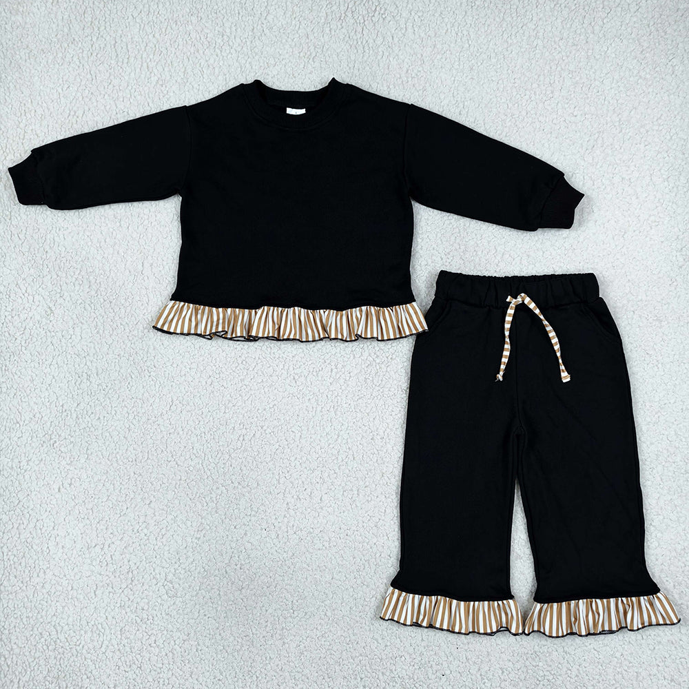 Baby Girls Black Khaki Stripe Top Pockets Ruffle Pant Sweatershirt Clothes Sets GLP3671