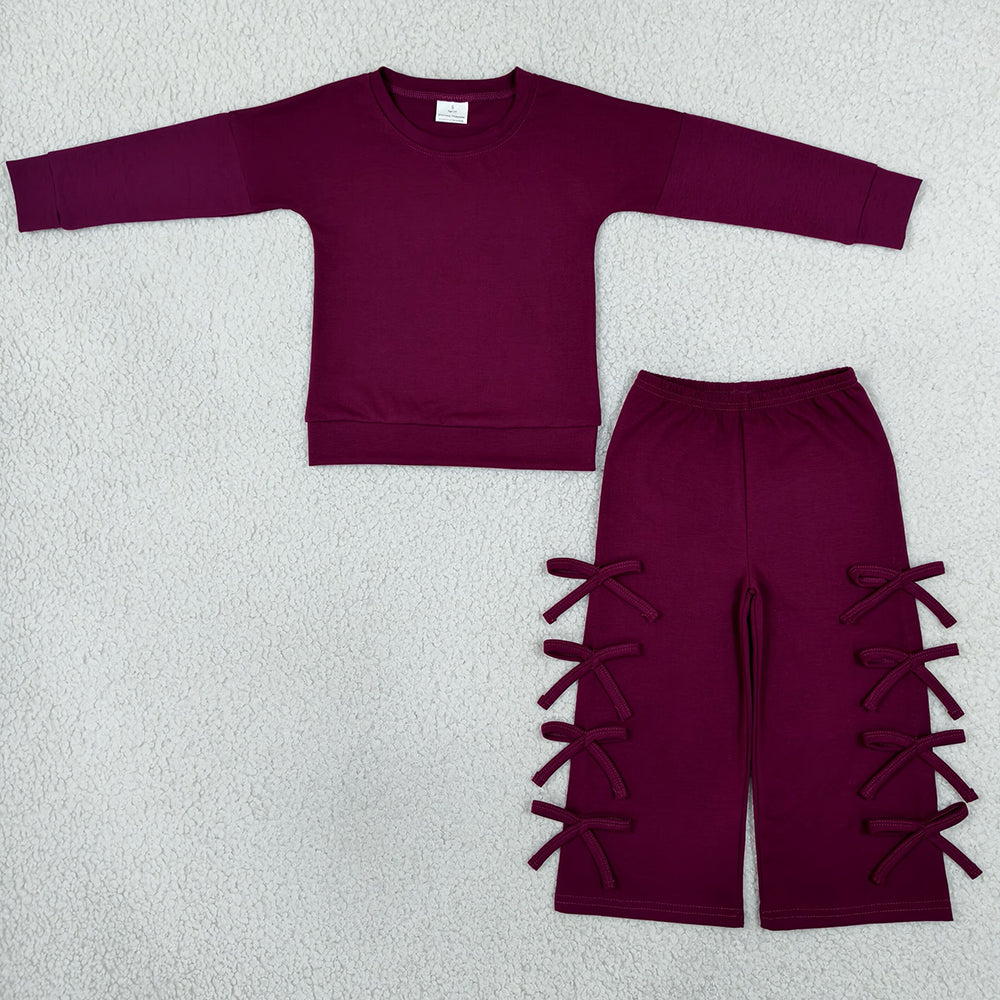 Baby Girls Clothes Maroon Long Sleeve Top Bows Pockets Flare Pant Clothes Sets GLP3846