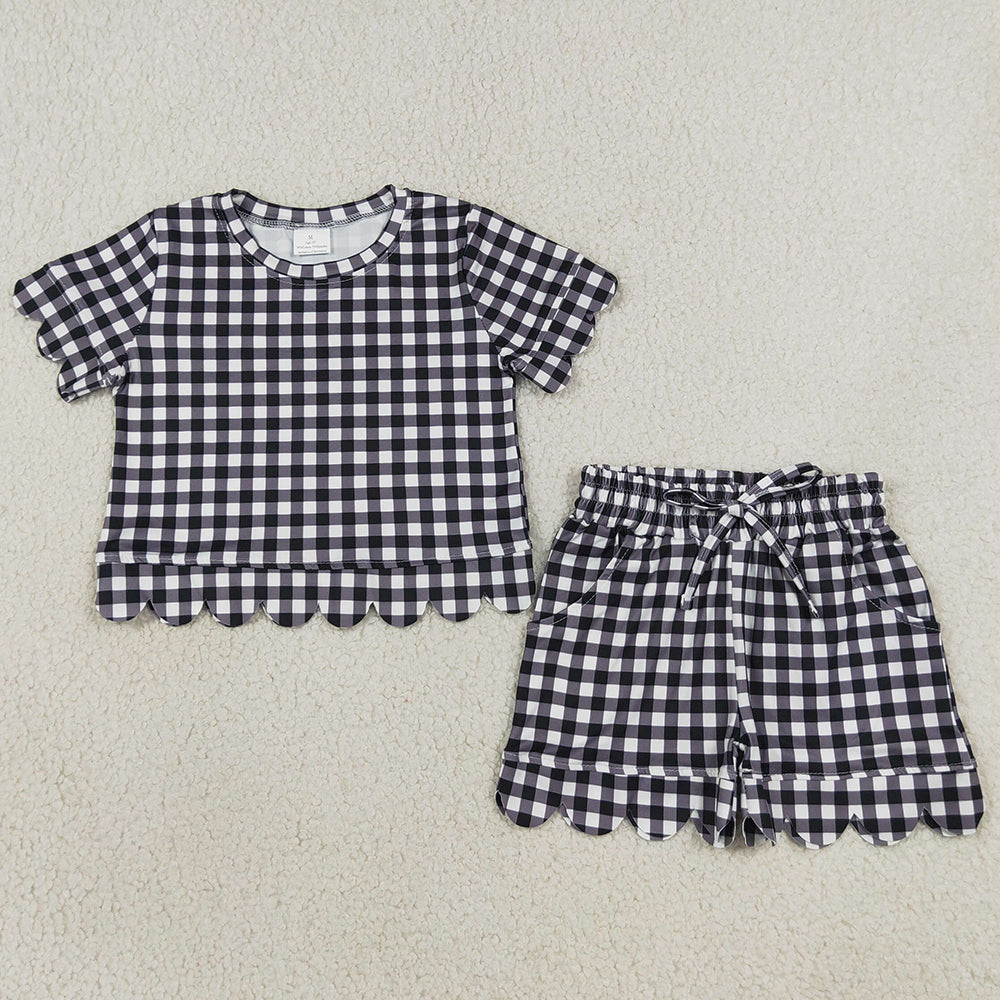 Baby Girls Clothes Black Checked Shirt Top Pockets Short Scallop Clothes Set GSSO3842