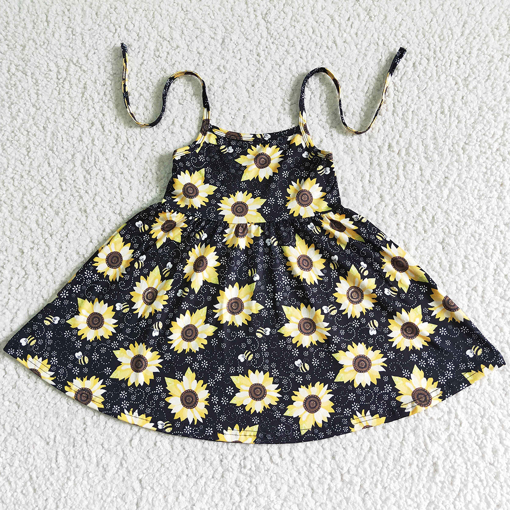 Hot Sale Baby Girl Clothes Boutique Toddler Girls Dress Sunflower Print Girls Dresses GSD0036