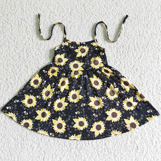Hot Sale Baby Girl Clothes Boutique Toddler Girls Dress Sunflower Print Girls Dresses GSD0036