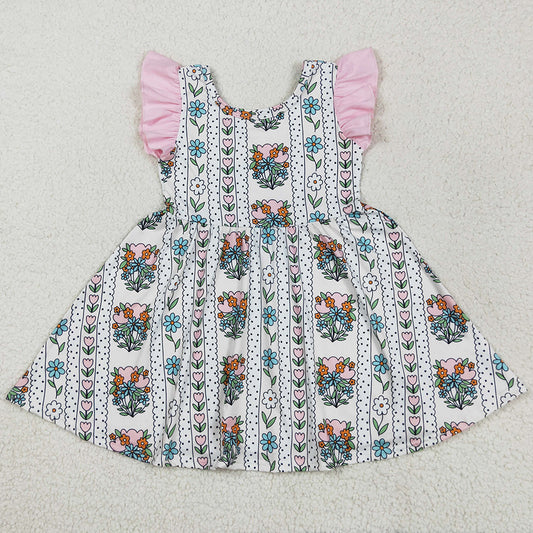 Baby Girls Dress Pink Flutter Sleeves Floral Stripe Knee Length Dresses GSD2527 5.23
