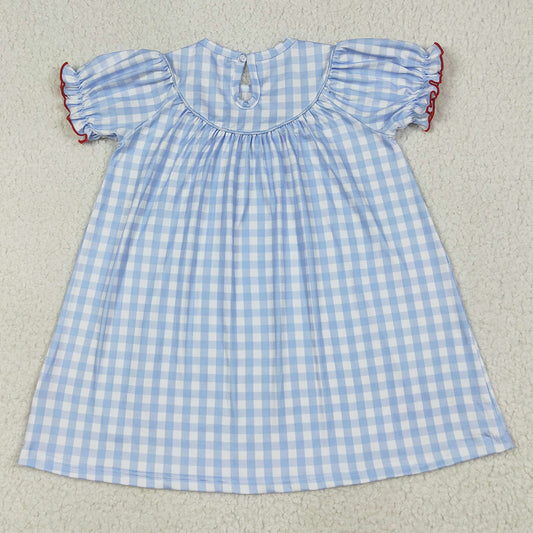 Baby Girls Dress Blue Plaid Short Sleeves Cows Pigs Farm Smocked Knee Length Dresses GSD2275 6.24