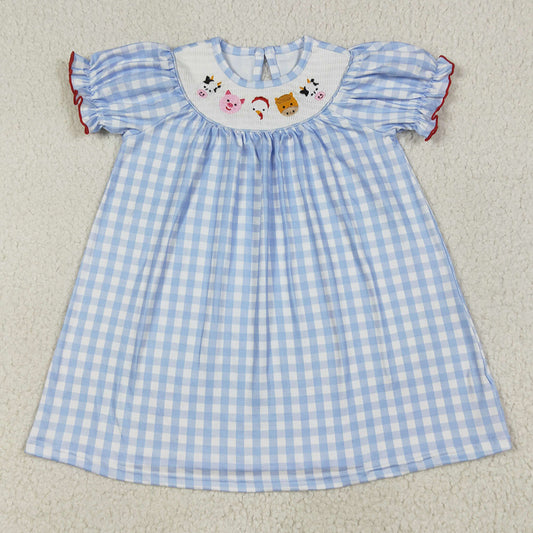 Baby Girls Dress Blue Plaid Short Sleeves Cows Pigs Farm Smocked Knee Length Dresses GSD2275 6.24