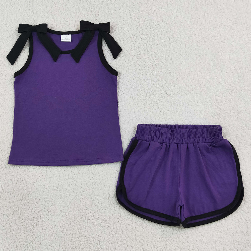 Baby Girls Clothes Purple Black Bows Sleeveless Top Short Clothes Sets GSSO3815