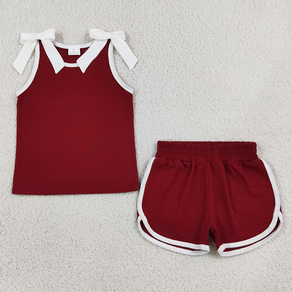 Baby Girls Clothes Maroon White Bows Sleeveless Vest Top Short Clothes Sets GSSO3855