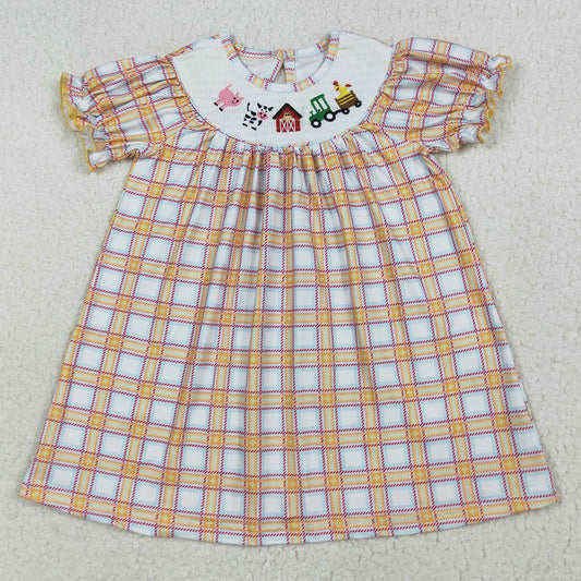 Baby Girls Dress Fall Plaid Cows Farm Smocked Knee Length Dresses GSD2276 7.9