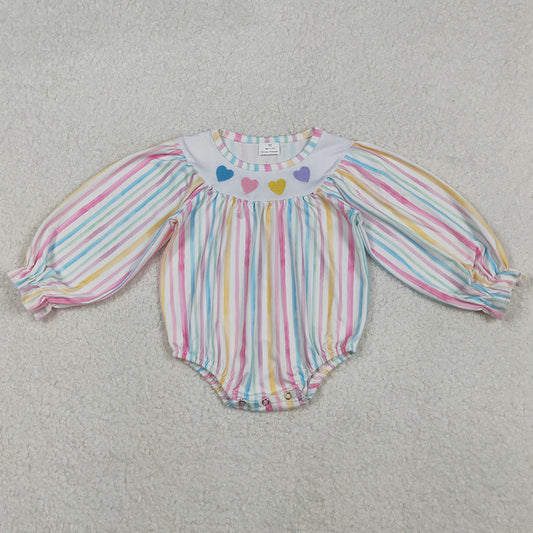 Baby Girls Rompers Embroidery Hearts Colorful Stripe Valentine Ruffle Rompers LR2695 11.6