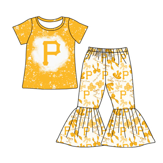 Preorder MOQ 5 bleached yellow P top bow pants girls team clothes 8.25