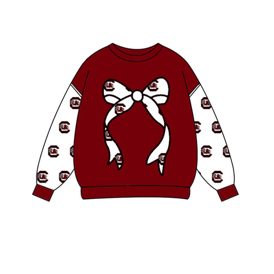 Preorder Moq 5 Baby Girls Red Long Sleeve C Bulls Bows Team Tee Shirts Top 10.16