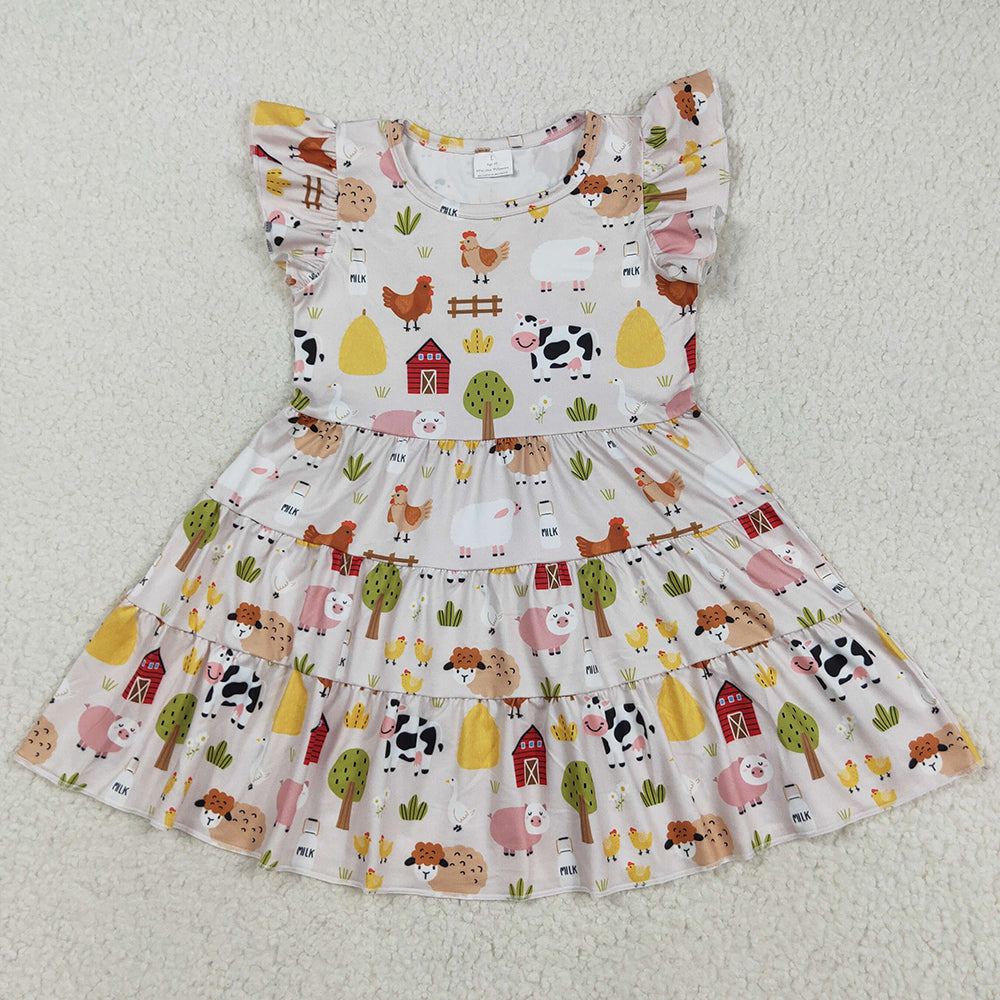 Baby Girls Dress Flutter Sleeves Cows Chicks Farm Knee Length Dresses GSD2595 8.5