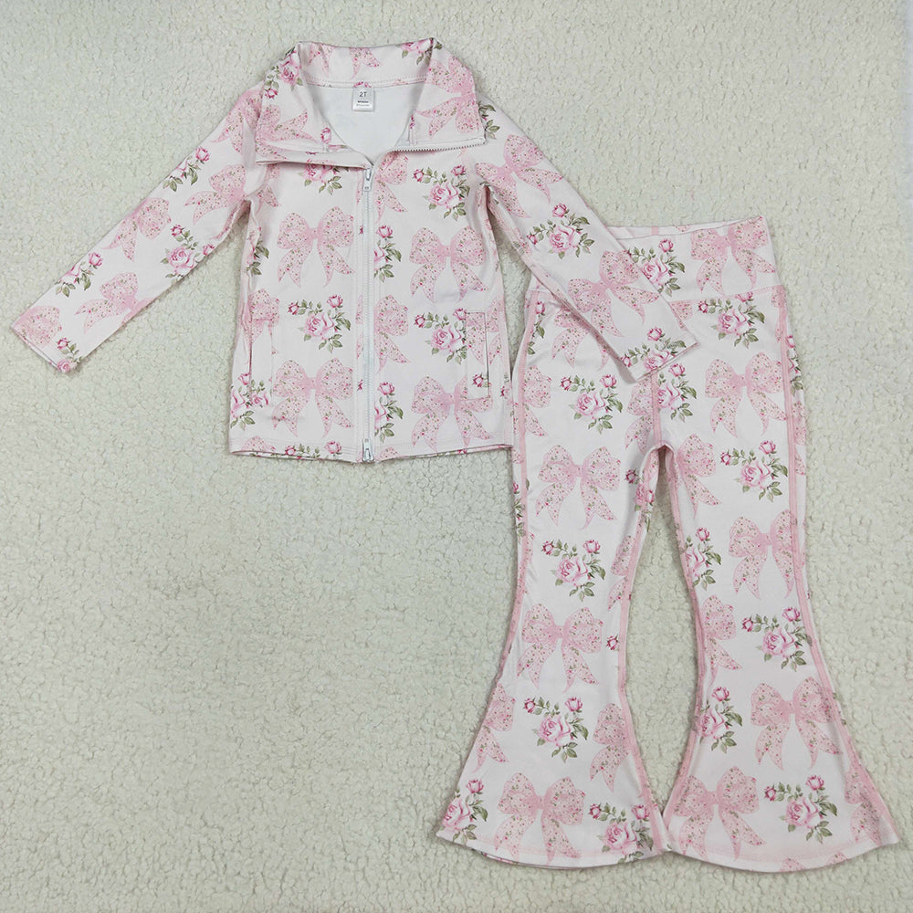 Baby Girls Clothes Pink Floral Bows Pockets Zipper Top Bell Bottom Pant Yoga Set GLP2429 7.7