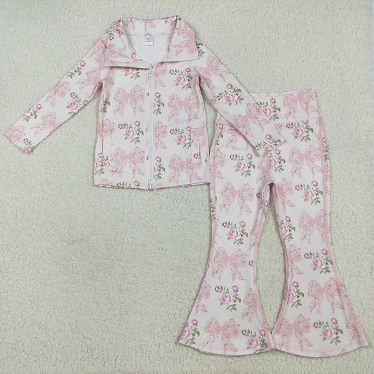 Baby Girls Clothes Pink Floral Bows Pockets Zipper Top Bell Bottom Pant Yoga Set GLP2429 7.7