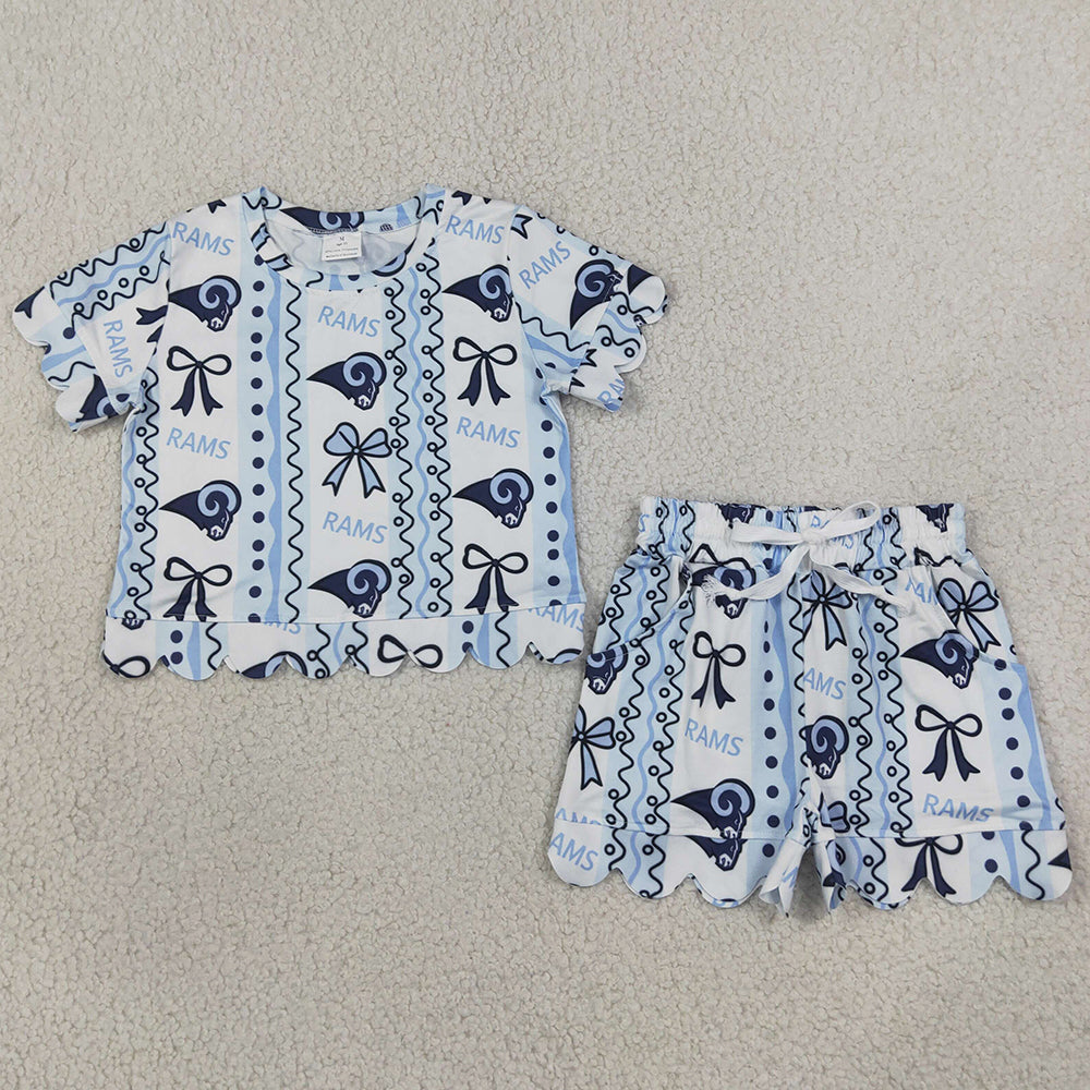 Baby Girls Clothes Rams Bows Stripe Top Pockets Short Team Scallop Clothes Sets GSSO3853