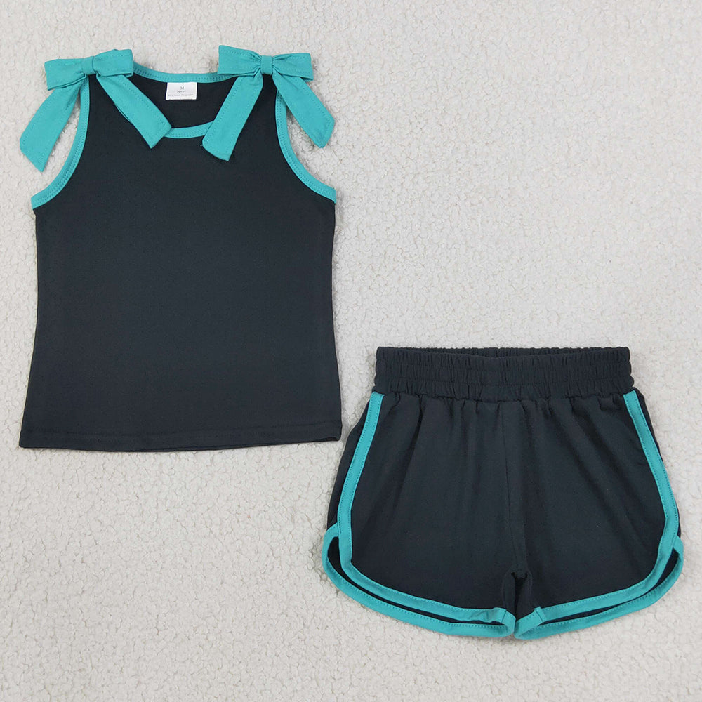 Baby Girls Clothes Black Lake Blue Bows Sleeveless Vests Pockets Short Clothes Sets GSSO3856