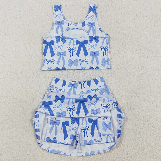 Baby Girls Clothes Sleeveless Blue Bows Plaid Vest Top Short Skirts Yoga Set GSD2640 7.10