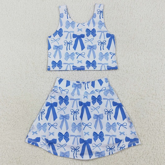 Baby Girls Clothes Sleeveless Blue Bows Plaid Vest Top Short Skirts Yoga Set GSD2640 7.10