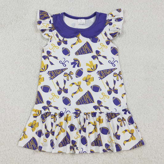 Baby Girls Dress Flutter Sleeves Purple Cheer Bows Team Knee Length Dresses GSD2784 9.13