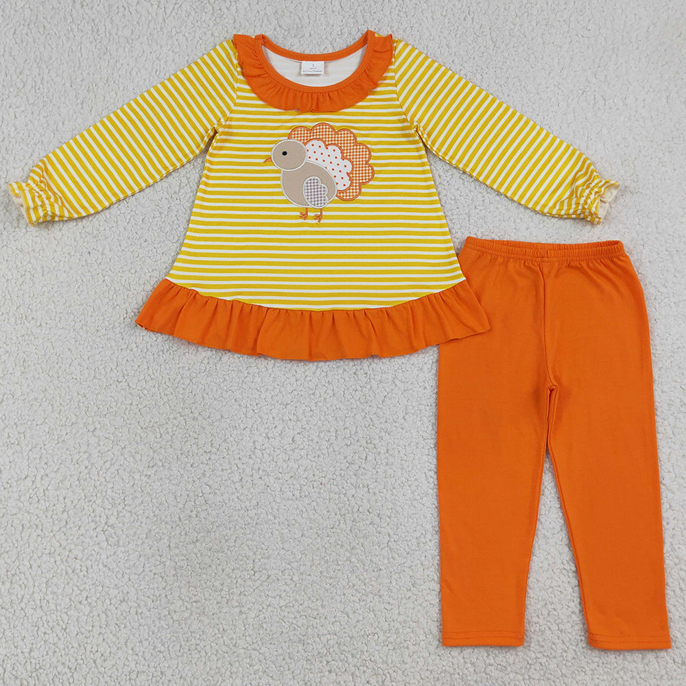 Baby Girls Clothes Embroidery Turkey Orange Stripe Tunic Leggings Thanksgivings Clothes Sets GLP3493