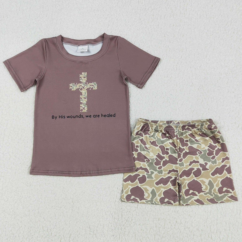 Baby Boys Clothes Brown Easter Cross Shirt Camo Shorts Clothes Sets BSSO1134