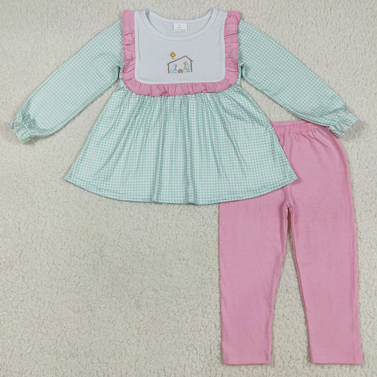 Baby Girls Clothes Christmas Nativity Jesus Embroidery Tunic Pink Legging Pants Sets GLP2410 7.19