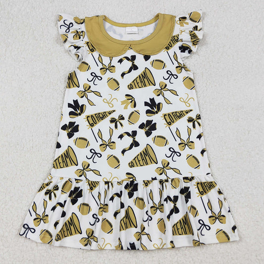 Baby Girls Dress Flutter Sleeves Yellow Cheer Bows Team Knee Length Dresses GSD2788 9.20