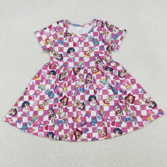 Baby Girls Dress Short Sleeve Pink Checked Cartoon Girls Knee Length Dresses GSD2919 11.15
