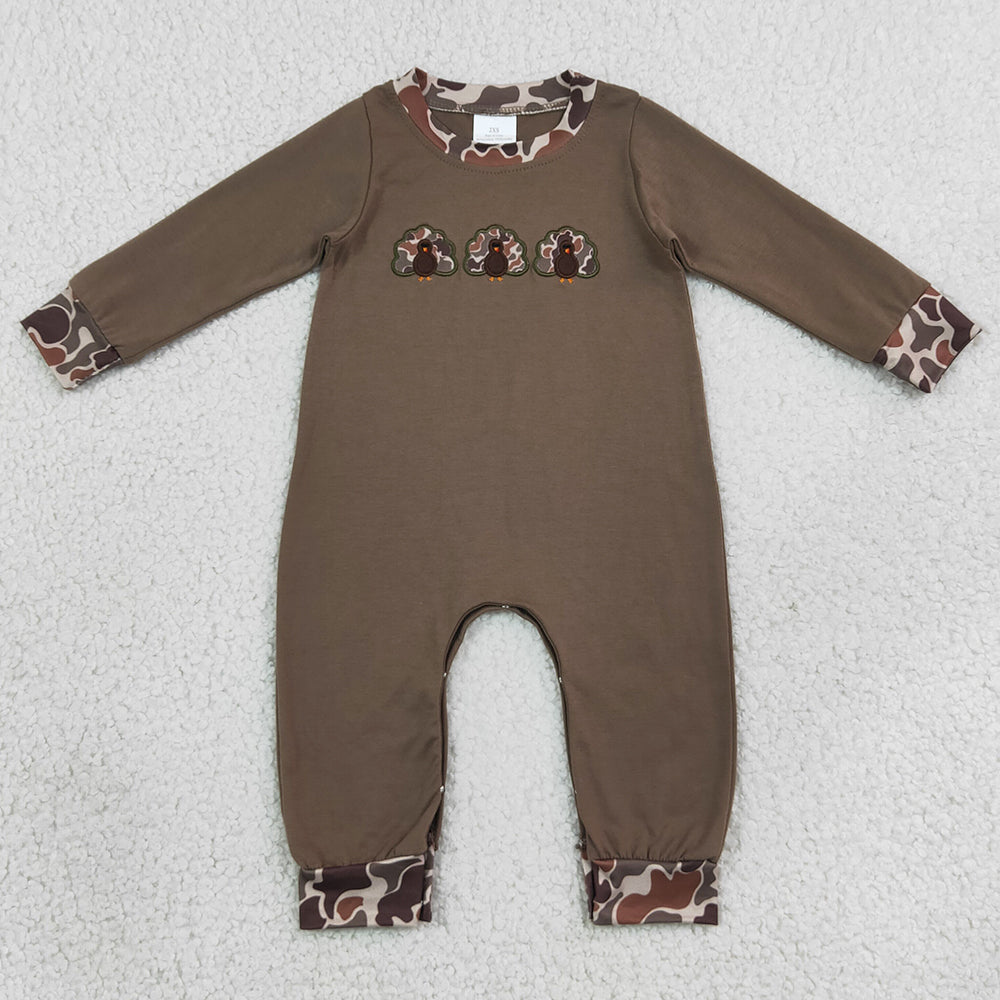 Baby Boys Rompers Embroidery Turkey Brown Camo Thanksgiving Pant Rompers LR3108
