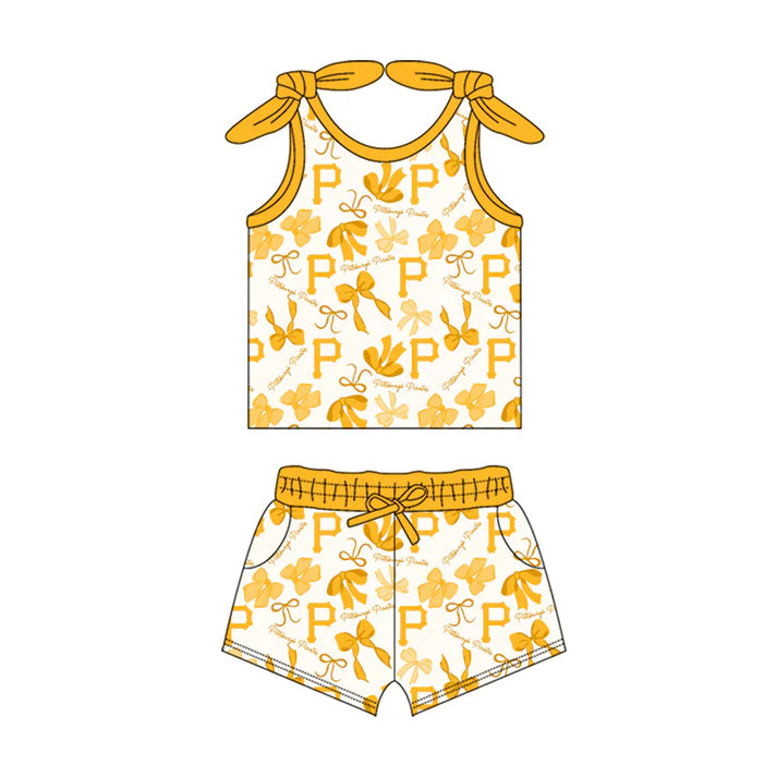 Preorder MOQ 5 pcs sleeveless P yellow bow top shorts girls team clothes 8.23