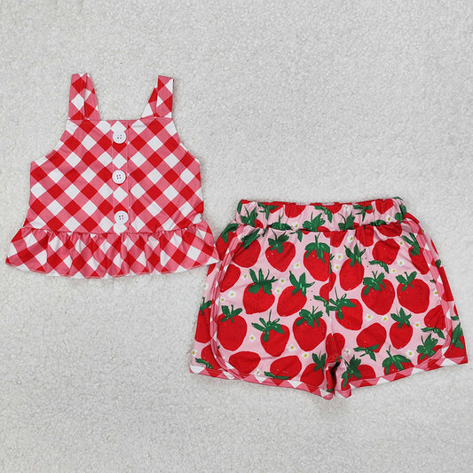 Baby Girls Clothes Red Checkered Straps Top Strawberry Shorts Sets GSSO2037