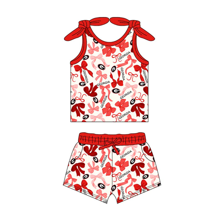 Preorder MOQ 5 pcs sleeveless red G bow top shorts girls team clothes 8.26