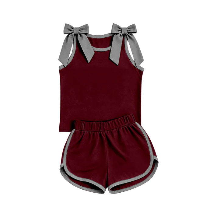 Preorder Baby Girls Maroon Grey Bows Sleeveless Top Short Clothes Sets GSSO3820