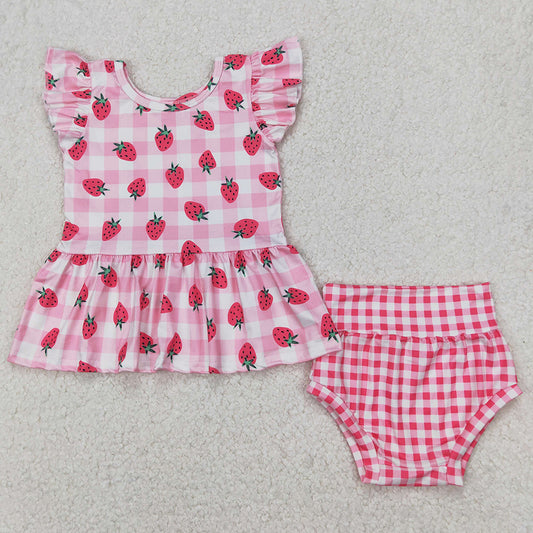 Baby Girls Clothes Strawberry Top Pink Checkered Bummies Sets GBO0264 3.24