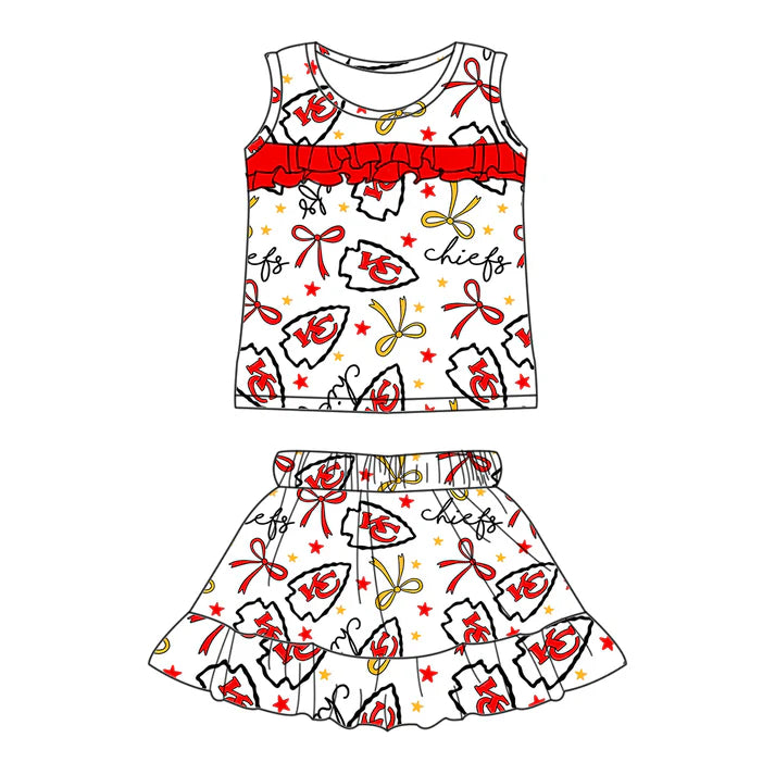 Preorder (moq 5)Baby Girls Sleeveless Red KC Bows Stars Top Ruffle Skorts Team Set 6.16