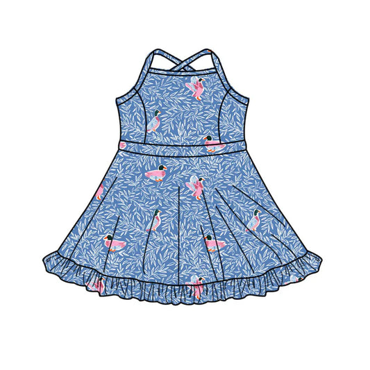 Preorder(moq 5) Baby Girls Strap Blue Plants Ducks Shorts Ruffle Knee Length Dresses 10.17